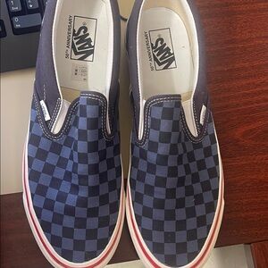 Vans Men's Blue and Black Checkered Slip-On Sneakers